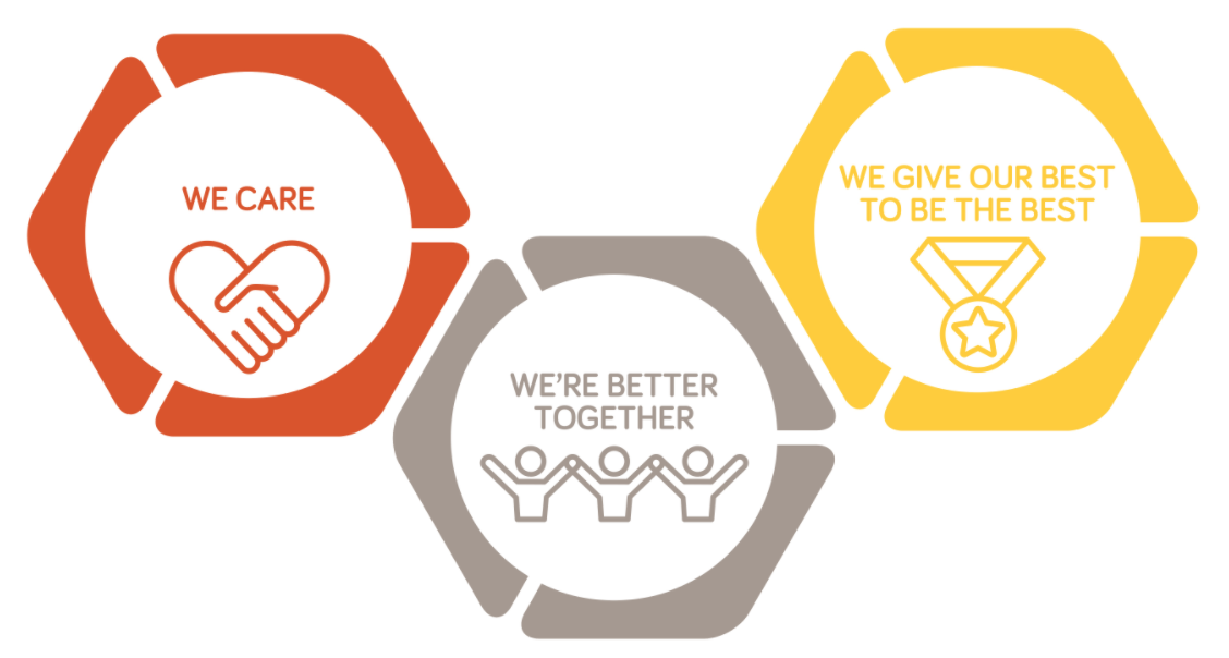 Our values: We care, We give our best to be the best, We are better together